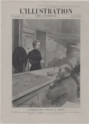 Portada del diario L'Illustration del 10 de noviembre de 1906. Fuente: https://musee.curie.fr/decouvrir/documentation/les-fiches-images-de-l-ecole-du-louvre/marie-curie-faisant-la-une-de-l-illustration.